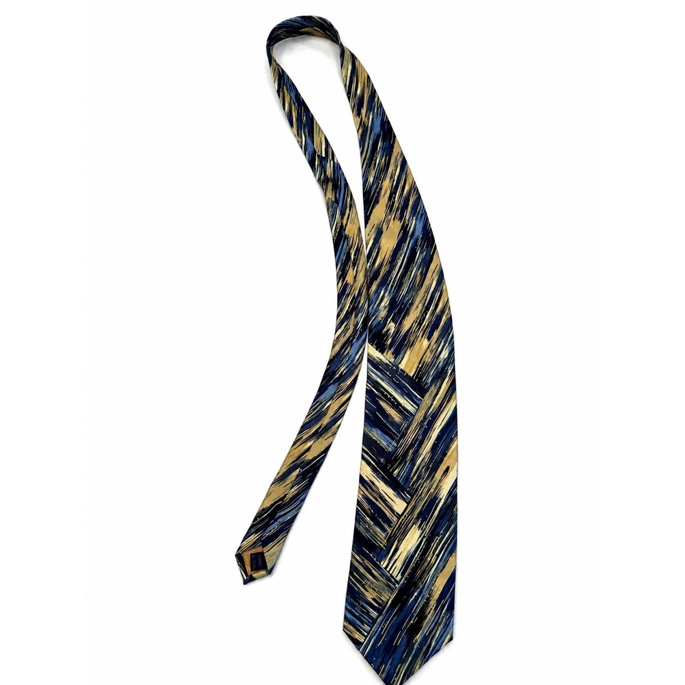Carlo Palazzi Couture Silk Tie Blue Gold Abstract Brushstroke Men's Necktie